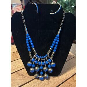 Vintage mid-century style royal blue bead Egyptian multi-tiered Necklace set